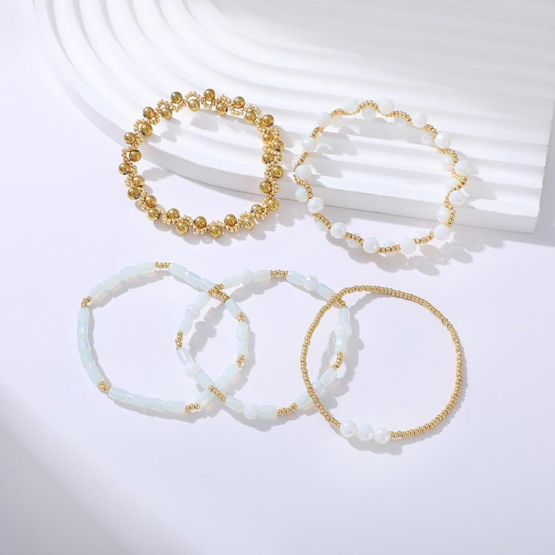 Pymach Store Dainty Gold Plated Pearl Crystal Beaded Bracelets Set for Women 14K Gold Plated Bead Pearl Beads Bracelet Stackable Paperclip Link Chain Bracelets Gold Plated Bracelets for Women Trendy Jewelry - Image 5